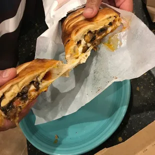 Inside our Stromboli (pep &apos;n mushroom) YUM!