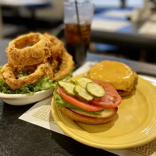 Cheeseburger and onion rings