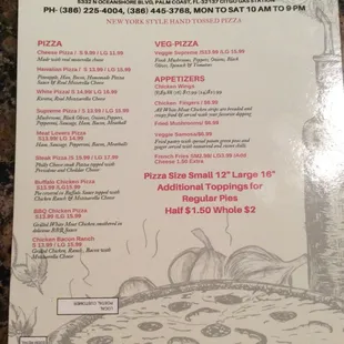 Hammock Pizza menu (rear)