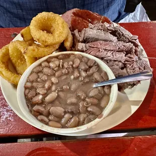 Mixed Dinner Plate: 2-3 Meats 2 Sides Toast- Brisket Sausage Pinto Beans Onion Rings Yum!