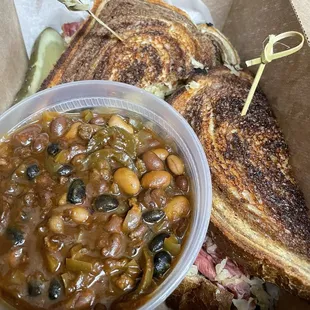 Rueben sandwich with cowboy beans