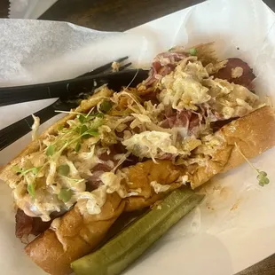 Reuben Waygu Hot Dog with house made pastrami and sausage was out of this world! (I had to cut it in half)