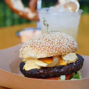 a hamburger and pretzel