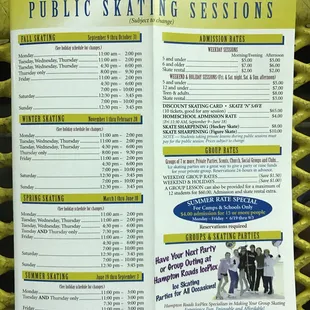 List of public skating sessions, taken in September 2016. I found the website wasn&apos;t 100% accurate.