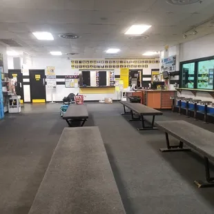 Seating area, rest rooms, skate rental, cashier, general use area
