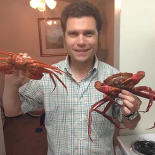 a man holding a large lobster