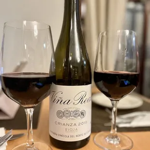 a bottle of wine and two glasses of wine