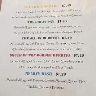 Breakfast menu. The All-In burrito is amazing!