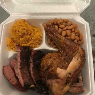 4 meat plate brisket, chicken, sausage, ribs $12