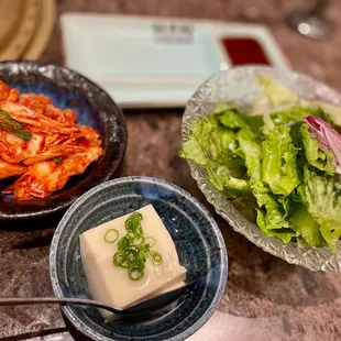 Salad, cold tofu, kimuchi