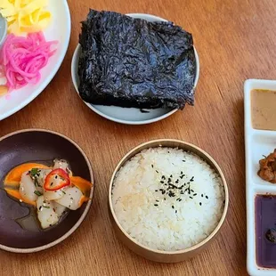 a variety of food items on a table