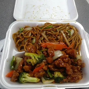 General Tso Chicken with Lo mein noodles