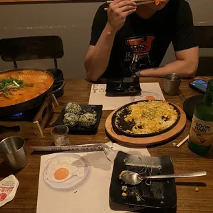 Army stew, corn cheese, rice balls and citron soju