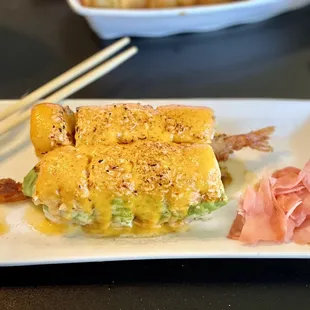 Shrimp tempura, crab, seared sushi