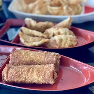 Egg Rolls, cream cheese Crab Rangoon and Potstickers