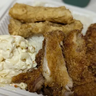 Chicken Katsu and fried Basa with mac salad and rice