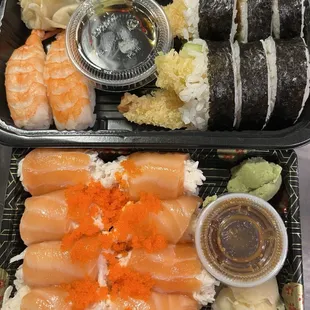Shrimp sushi, shrimp tempura roll, and butterfly kiss roll at the bottom