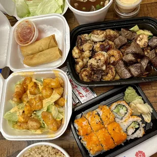 Fried rice, rock shrimp appetizer, spring rolls, ginger salad, Japanese soup, surf &amp; turf hibachi trio &amp; king crab sushi.