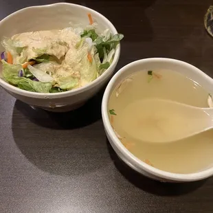 Salad and clear soup