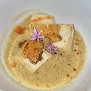 2nd course: Miso &amp; corn chowder ramen topped with Hokkaido uni, scallion ginger oil, chili oil, &amp; black pepper