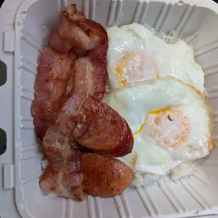 Bread breakfast special with Portuguese sausage and bacon