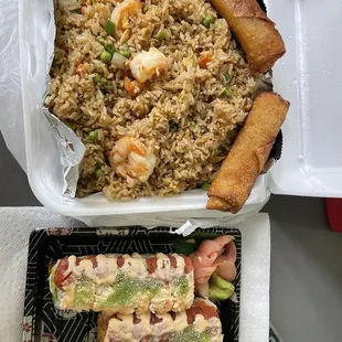 Shrimp fried rice, Fusion Roll, egg rolls