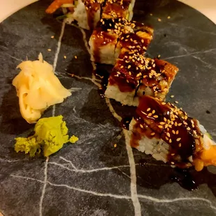 Dancing eel roll - simplicity works well with this roll - like the contrast of tempura shrimp with BBQ eel!