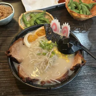 Tonkotsu ramen, edamame beans , and fried rice