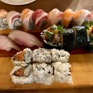 From top, clockwise: Rainbow Roll, Bothell Roll, Spicy Tuna Roll, and hamachi nigiri