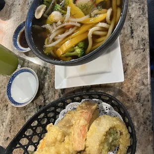 Here is the Shrimp Tempura basket with Big bowl of Udon noodles and veggies! The Birthday Boy loved it!