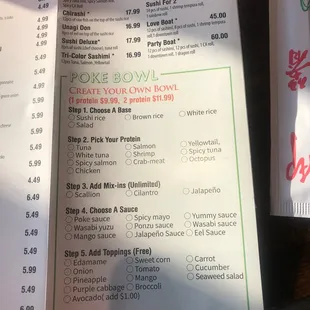 the menu for poke bowl