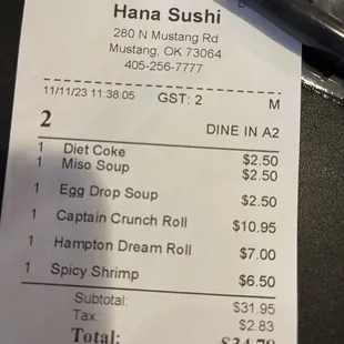 The bill! Pretty affordable!