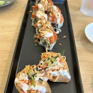 monster sushi roll and stuffed tofu with spicy crab