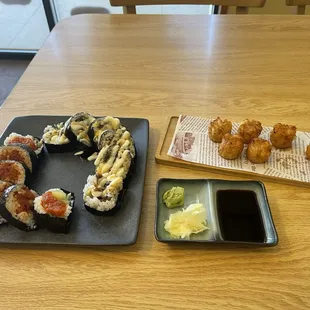 Spicy Tuna, Tempura eel, and shrimp shumai, lunch sizes