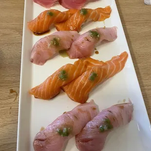 Salmon, yellowtail, and tuna nigiri