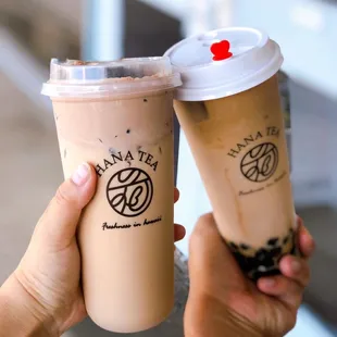 Brown sugar milk tea with Oreo chocolate foam (left) Brown sugar boba milk tea