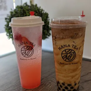 Strawberry sparkling water + Honey genmai milk tea w brown sugar boba &amp; tiramisu oreo foam