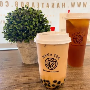 Brown sugar milk tea with boba (front) Hong Kong lemon tea (back)