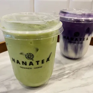 Matcha Latte (Oat Milk) and Ube Latte with Creme (Almond Milk)