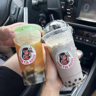 Pineapple, mango fruit teas with boba and lychee jelly.  Oreo smoothie with boba.