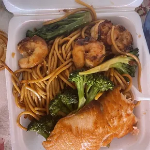 Salmon and shrimp plate with noodles and veggies