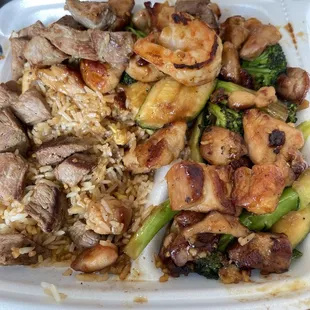 Hibachi Sirloin Steak, shrimp, and chicken  combo