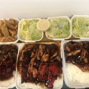 2 combos 1/2 spicey chicken 1/2 pork &amp; 1/2 spicey chicken 1/2 chicken teriyaki &amp; 1 full chicken teriyaki.