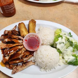 Chicken teriyaki and egg roll lunch special (10.99).