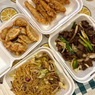 Gyoza, shrimp tempura, Beef Yakisoba, &amp; Mongolian beef. (IG: @mylifeaskat_)