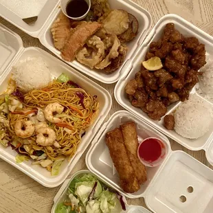 Spicy shrimp yakisoba, tempura, orange chicken, eggrolls (IG: @mylifeaskat_)