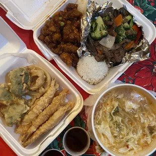 Tempura, beef &amp; broccoli, egg drop soup, and general tao chicken (IG: @mylifeaskat_)