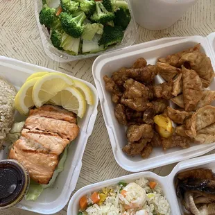 Salmon, shrimp fried rice, orange chicken, gyoza, hot &amp; sour soup, and salad