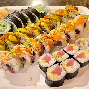 Veggie combo, eel roll, Russian Silk roll, &amp; spicy tuna.