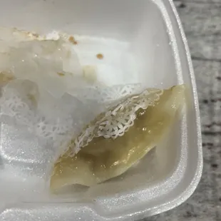 Gyoza with paper stuck to it